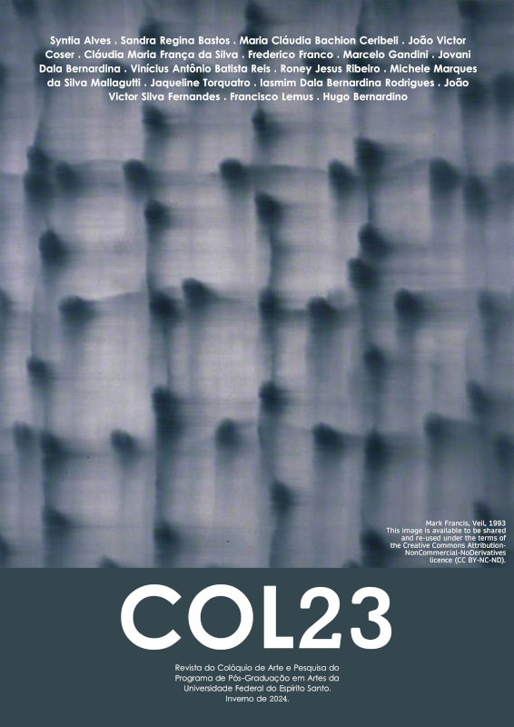 Fotografia abstrata com círculos cinza-escuros desfocados e com rastro de movimento sobre fundo cinza-claro na parte de cima da imagem. Na parte de baixo, fundo cinza chapado. Sobre esses fundos, lê-se, de cima para baixo: COL23.