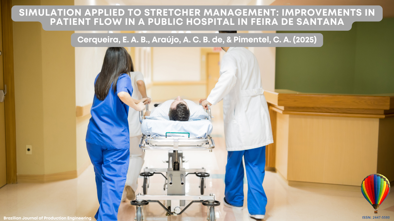 "Cover image of the Brazilian Journal of Production Engineering article, showing hospital staff, including a nurse and a doctor, pushing a patient on a stretcher down a corridor. The title highlights the use of simulation to improve patient flow management in a public hospital in Feira de Santana."