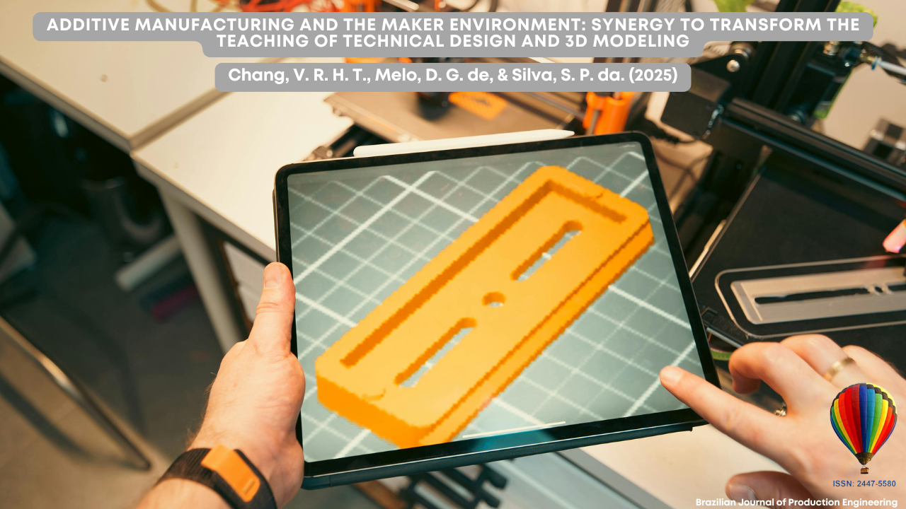 A person holds a tablet displaying a 3D model of an orange component in augmented reality. In the background, a 3D printer is visible, suggesting a modern maker environment. The scientific article title is shown at the top, along with author names. The logo of the Brazilian Journal of Production Engineering appears in the bottom right corner.