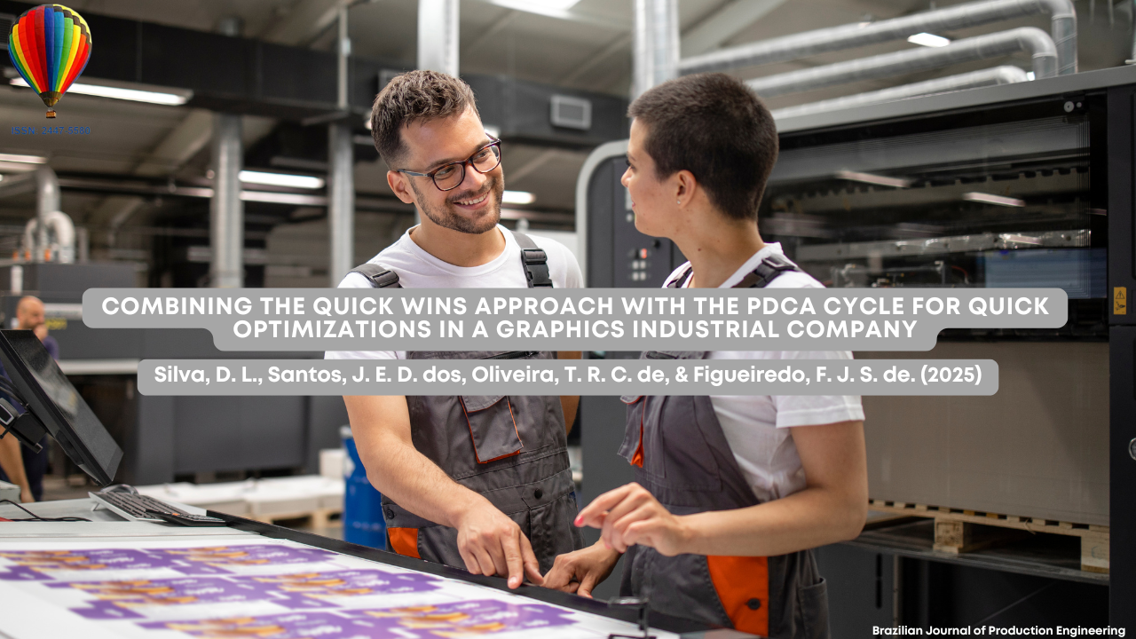 Cover image showing two printing plant workers smiling and discussing a print job beside an industrial machine, with the article title on combining the Quick Wins approach and the PDCA cycle for fast optimizations in a graphics company.