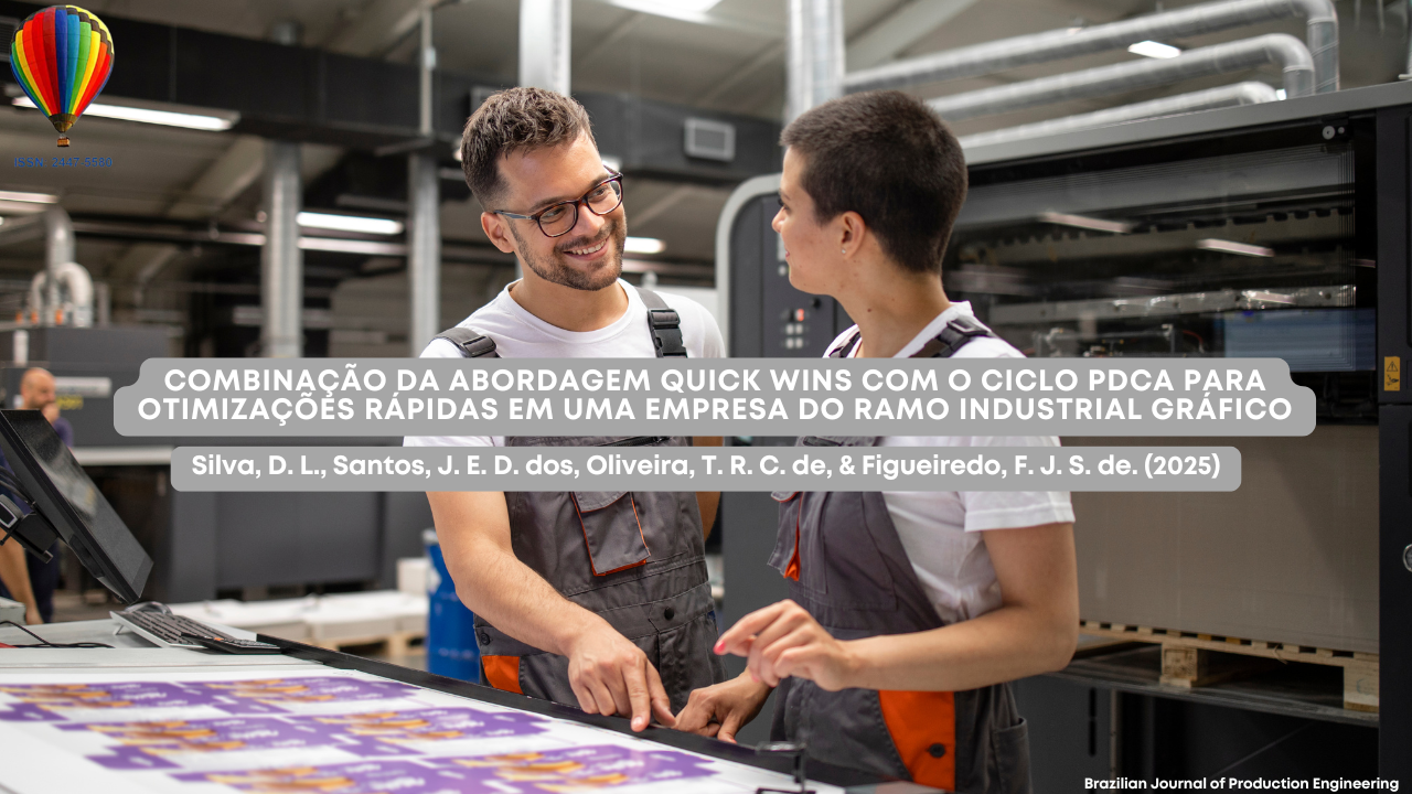 Imagem de capa com dois operadores gráficos sorrindo e discutindo frente a uma impressora industrial, acompanhada do título do artigo sobre a aplicação conjunta da abordagem Quick Wins com o ciclo PDCA em uma empresa do setor gráfico.