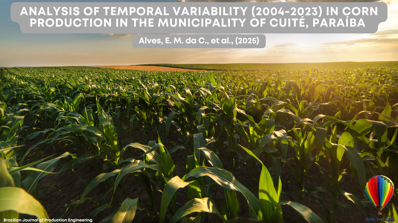 "A cornfield at sunset illustrates the article Analysis of Temporal Variability (2004-2023) in Corn Production in the Municipality of Cuité, Paraíba, published in the Brazilian Journal of Production Engineering."