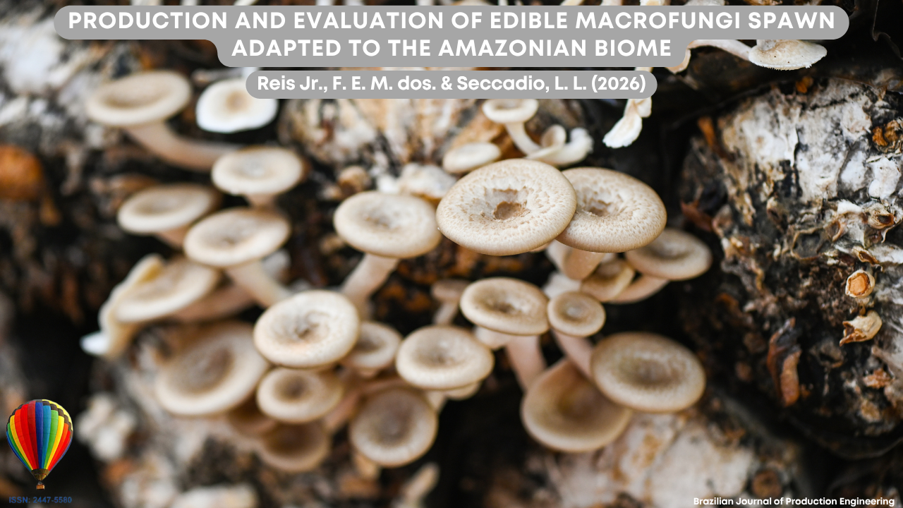 Image showing a cluster of edible macrofungi growing on an organic substrate, possibly decomposing wood, in an environment that resembles the natural conditions of the Amazon biome. The mushrooms display different stages of development, highlighting the growth and propagation of mycelium, a fundamental aspect in spawn production. The visual composition is directly related to cultivation practices, adaptation, and evaluation of fungal species for food and biotechnological purposes. At the top of the image appears the article title “Production and Evaluation of Spawn of Edible Macrofungi Adapted to the Amazon Biome,” along with the authors Reis Jr., F. E. M. dos, and Seccadio, L. L. (2026). In the lower corner appears the identification of the Brazilian Journal of Production Engineering and the journal’s ISSN.