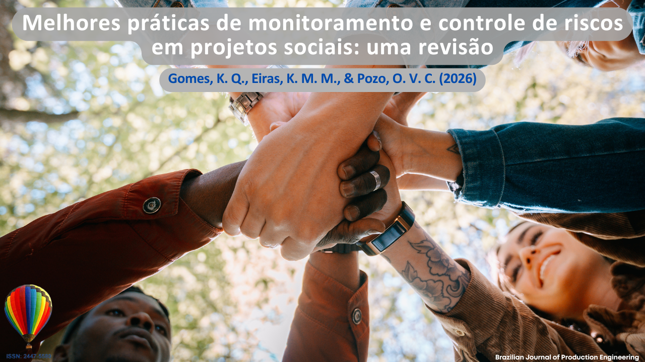 Imagem que apresenta um grupo de pessoas unindo as mãos em um gesto coletivo de colaboração, confiança e integração social, simbolizando práticas de monitoramento e controle de riscos em projetos sociais. A composição visual enfatiza diversidade, trabalho em equipe e cooperação entre indivíduos, elementos fundamentais para a gestão eficiente de iniciativas sociais e para a mitigação de riscos em ambientes colaborativos. O enquadramento das mãos ao centro reforça a ideia de comprometimento compartilhado, participação coletiva e fortalecimento de vínculos sociais. Na parte superior, encontra-se o título do artigo “Melhores práticas de monitoramento e controle de riscos em projetos sociais: uma revisão”, seguido dos autores Gomes, K. Q., Eiras, K. M. M., e Pozo, O. V. C. (2026). No canto inferior, consta a identificação da Brazilian Journal of Production Engineering e o ISSN da revista.
