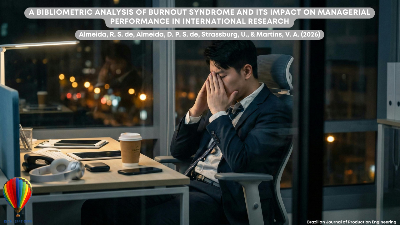 Image showing a professional sitting in an office at night, with city lights visible through the window behind him. He is wearing a suit and sitting at a desk in front of a computer, covering his face with his hands, suggesting exhaustion or stress. On the desk there is a coffee cup, a smartphone, a tablet, and headphones. At the top, the article title “Burnout Syndrome and Its Effects on Managerial Performance: A Bibliometric Analysis of Research Published in International Journals” appears, along with the authors’ names and the identification of the Brazilian Journal of Production Engineering.