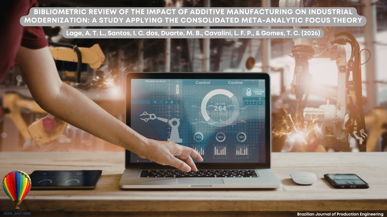 Image representing an advanced industrial manufacturing environment. In the foreground, a person interacts with a laptop displaying a digital interface with charts, performance indicators, and representations of robotic arms, suggesting monitoring of automated production processes. In the background, robotic arms performing welding operations with visible sparks can be seen, indicating automated industrial activities typical of Industry 4.0. On the desk there is also a tablet, a mouse, and a smartphone, reinforcing the use of integrated digital technologies. At the top of the image appears the article title “Bibliometric Review of the Impact of Additive Manufacturing on Industrial Modernization: A Study Applying the Consolidated Meta-Analytical Approach Theory,” along with the authors Lage, A. T. L., Santos, I. C. dos, Duarte, M. B., Cavalini, L. F. P., and Gomes, T. C. (2026). In the lower corner, the identification of the Brazilian Journal of Production Engineering and the journal’s ISSN is displayed.