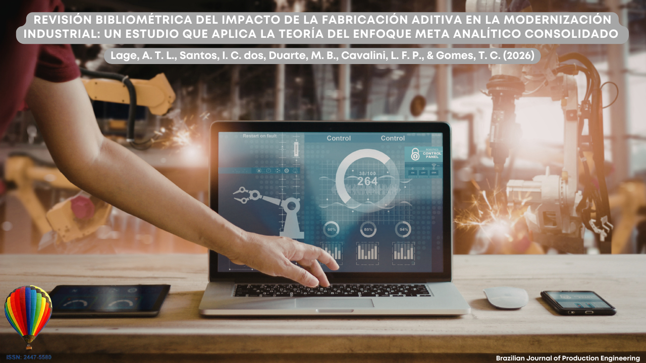 Imagen que representa un entorno de manufactura industrial avanzada. En primer plano, una persona interactúa con una computadora portátil que muestra una interfaz digital con gráficos, indicadores de desempeño y representaciones de brazos robóticos, lo que sugiere el monitoreo de procesos productivos automatizados. En el fondo se observan brazos robóticos realizando operaciones de soldadura con chispas visibles, indicando actividades industriales automatizadas típicas de la Industria 4.0. Sobre la mesa también hay una tableta, un ratón y un teléfono inteligente, lo que refuerza el uso de tecnologías digitales integradas. En la parte superior de la imagen aparece el título del artículo “Revisión bibliométrica del impacto de la manufactura aditiva en la modernización industrial: un estudio con la aplicación de la teoría del enfoque meta-analítico consolidado”, junto con los autores Lage, A. T. L., Santos, I. C. dos, Duarte, M. B., Cavalini, L. F. P. y Gomes, T. C. (2026). En la esquina inferior se muestra la identificación de la Brazilian Journal of Production Engineering y el ISSN de la revista.