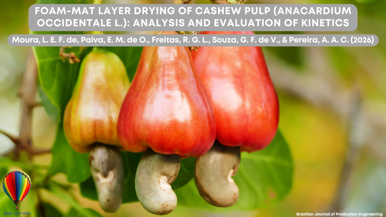 Image showing cashew fruits at different stages of maturation, highlighting the fleshy peduncle with reddish and yellowish coloration, as well as the nut attached at the lower end. The close-up framing emphasizes the physical characteristics and quality of the fruit, which are directly related to agro-industrial processing. The visual representation aligns with the study of foam-mat drying of cashew pulp, a technique used to increase stability, facilitate storage, and preserve physicochemical properties. The composition also relates to the analysis of drying kinetics, which is essential for process optimization in food engineering. At the top of the image appears the article title “Foam-Mat Drying of Cashew Pulp (Anacardium occidentale L.): Analysis and Evaluation of Kinetics,” along with the authors Moura, L. E. F. de, Paiva, E. M. de O., Freitas, R. G. L., Souza, G. F. de V., and Pereira, A. A. C. (2026). In the lower corner appears the identification of the Brazilian Journal of Production Engineering and the journal’s ISSN.