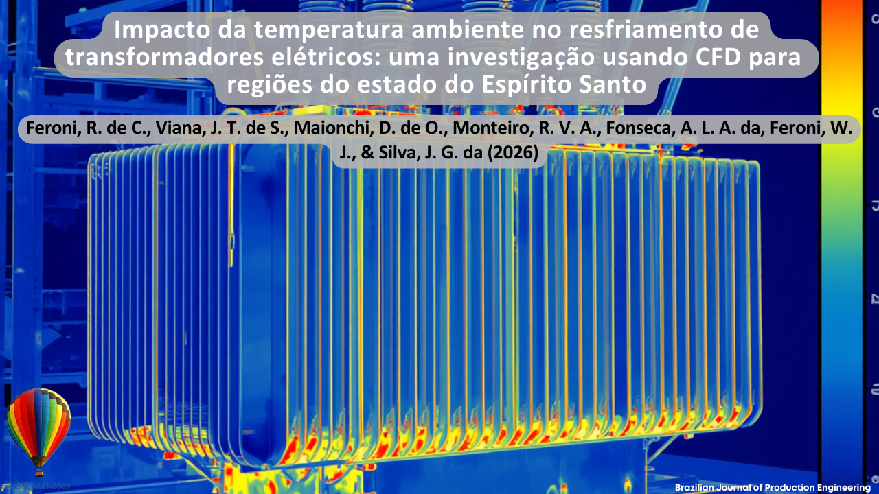 magem térmica de um transformador elétrico industrial, apresentada em escala de cores característica de análises termográficas e simulações computacionais de transferência de calor. Tons de azul, amarelo e vermelho indicam diferentes níveis de temperatura ao longo da estrutura do equipamento, destacando regiões de maior aquecimento e dissipação térmica. A composição visual representa estudos relacionados ao resfriamento de transformadores elétricos e à influência da temperatura ambiente, utilizando técnicas de Dinâmica dos Fluidos Computacional (CFD) aplicadas a regiões do estado do Espírito Santo. Na parte superior, encontra-se o título do artigo “Impacto da temperatura ambiente no resfriamento de transformadores elétricos: uma investigação usando CFD para regiões do estado do Espírito Santo”, seguido dos autores Feroni, R. de C., Viana, J. T. de S., Maionchi, D. de O., Monteiro, R. V. A., Fonseca, A. L. A. da, Feroni, W. J., e Silva, J. G. da (2026). No canto inferior, consta a identificação da Brazilian Journal of Production Engineering e o ISSN da revista.