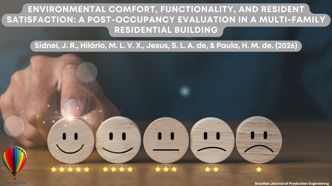 Image representing the evaluation of residents’ satisfaction through a visual scale of emotions, ranging from very satisfied to dissatisfied. In the foreground, circular icons with facial expressions symbolize different levels of user perception, while a hand interacts with the highest satisfaction indicator, suggesting analysis and measurement of environmental comfort. The presence of stars reinforces the idea of quantitative evaluation, common in post-occupancy studies. The composition relates to the analysis of functionality, perceived quality, and performance of multifamily residential buildings from the users’ perspective. At the top of the image appears the article title “Environmental Comfort, Functionality, and Residents’ Satisfaction: A Post-Occupancy Evaluation in Multifamily Residential Buildings,” along with the authors Sidnei, J. R., Hilário, M. L. V. X., Jesus, S. L. A. de, and Paula, H. M. de (2026). In the lower corner appears the identification of the Brazilian Journal of Production Engineering and the journal’s ISSN.