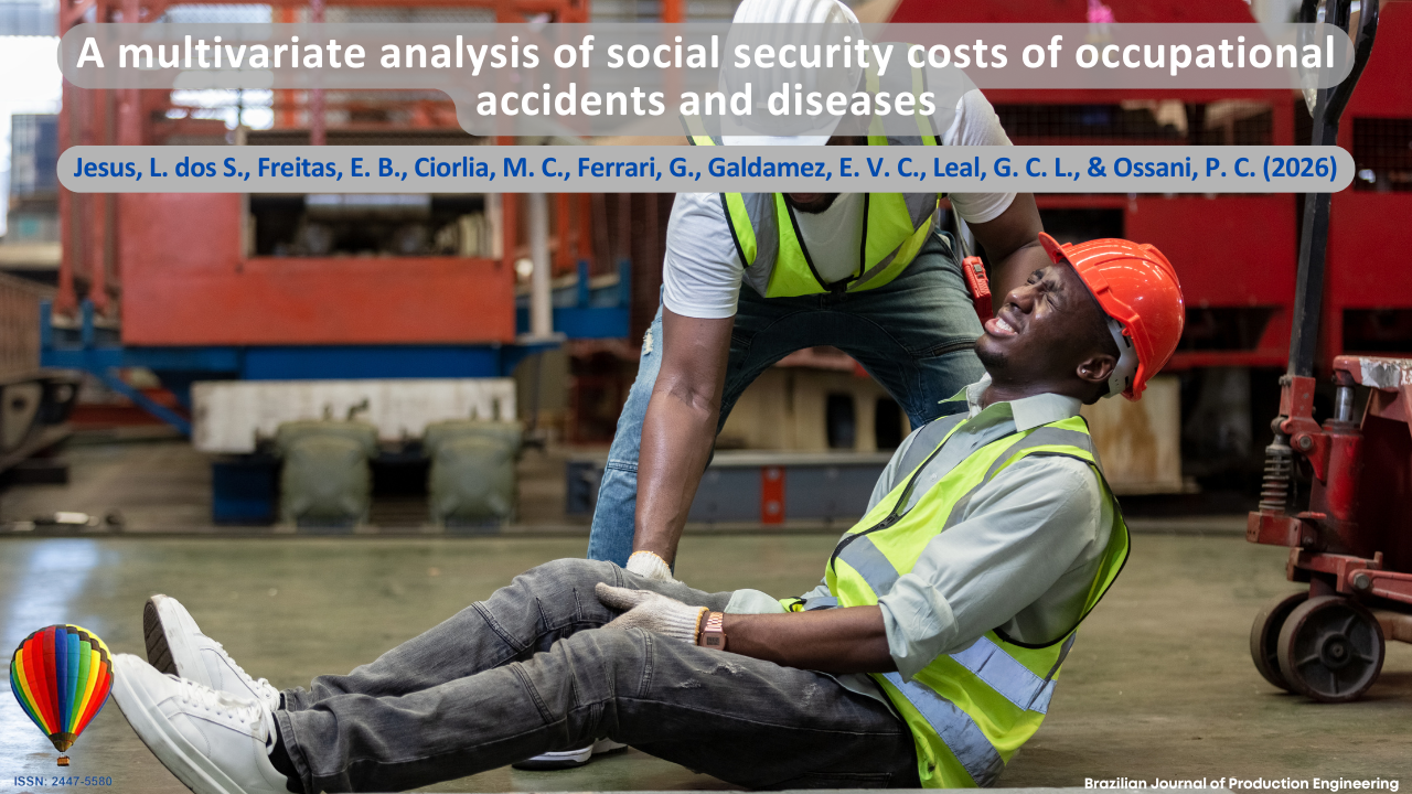 The image portrays an industrial environment where a worker, wearing personal protective equipment, assists a colleague who has suffered an occupational accident. The scene highlights the inherent risks in production activities and emphasizes the importance of workplace safety, accident prevention, and occupational health management. The visual representation aligns with the analysis of social security costs associated with occupational accidents and diseases, underscoring the relevance of quantitative and multivariate approaches to understand economic and social impacts within production systems. At the top, the article title “A Multivariate Analysis of Social Security Costs of Occupational Accidents and Diseases” is presented, followed by the authors Jesus, L. dos S., Freitas, E. B., Ciorlia, M. C., Ferrari, G., Galdamez, E. V. C., Leal, G. C. L., and Ossani, P. C. (2026). In the lower corner, the identification of the Brazilian Journal of Production Engineering and the journal’s ISSN are displayed.